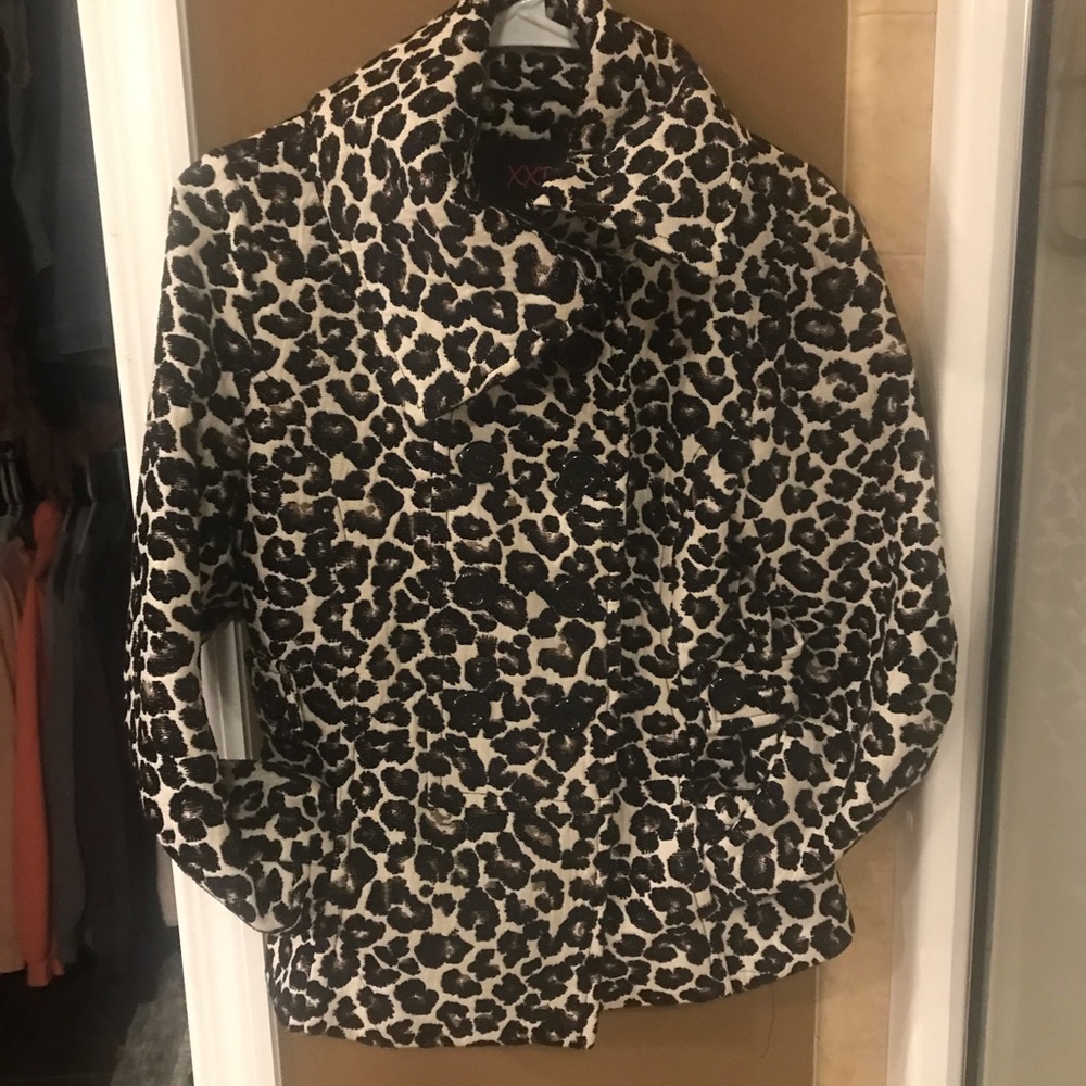 Black leopard print velvet textured pea coat.